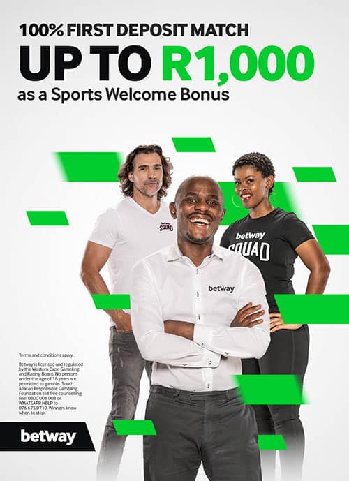Betway South Africa matches 100% of your first deposit, up to R1,000. Make sure to claim this bonus upon registration.
