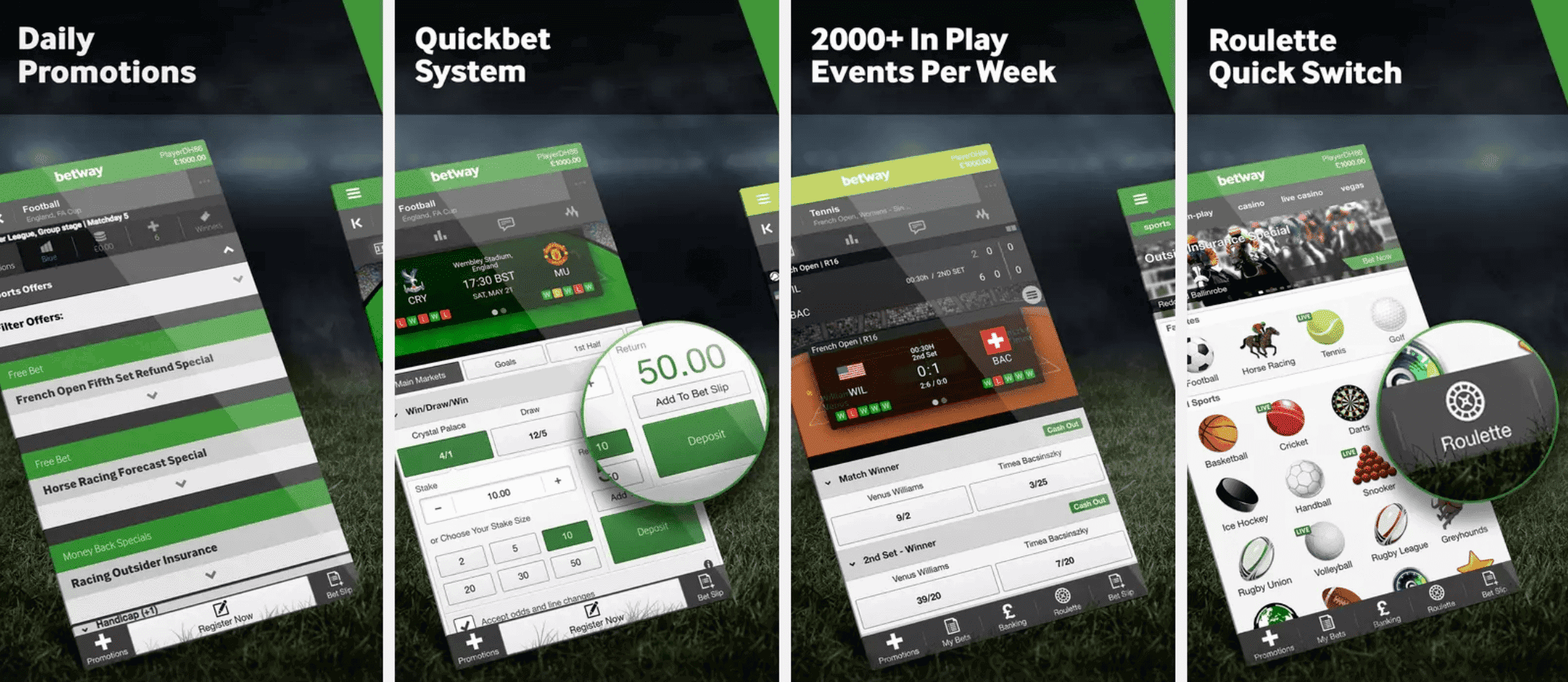 The Betway Mobile App features a sleek and responsive interface with direct access to Daily Promotions, a Quickbet System, Roulette Quick Switch, 2000+ weekly sporting events and more.