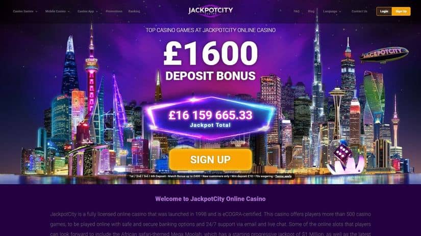 The Jackpot City Casino max bonus stands at a whopping 1600 euros.